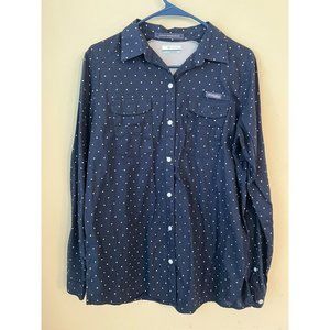 Columbia PFG Super Bonehead Fishing Shirt Women's Medium Navy Blue Polka Dots